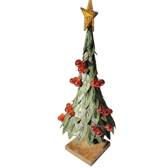 VTG Tabletop Metal Christmas Tree Holly Berries Star Rustic Weighted 14" Green - Picture 3 of 11